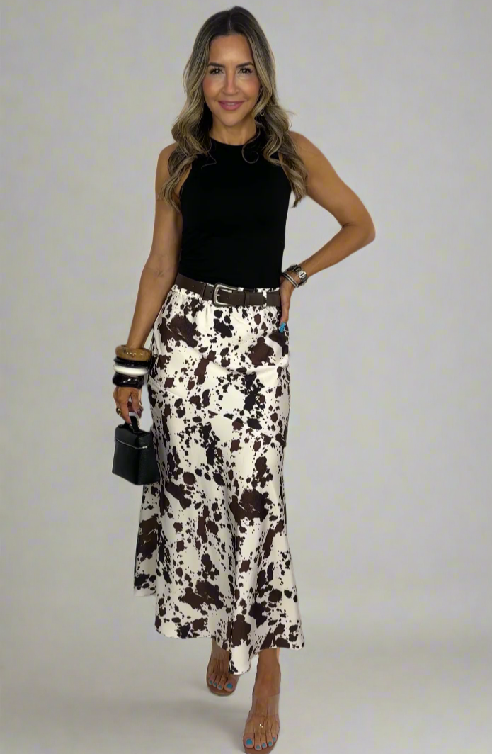 Cow Print Satin Skirt