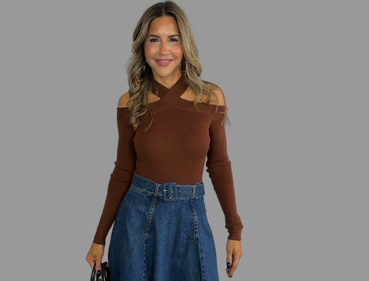 Off Shoulder Sweater Top Brown