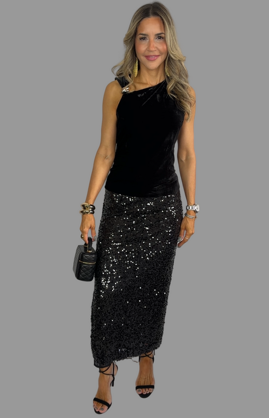 Black Sequins Midi Skirt