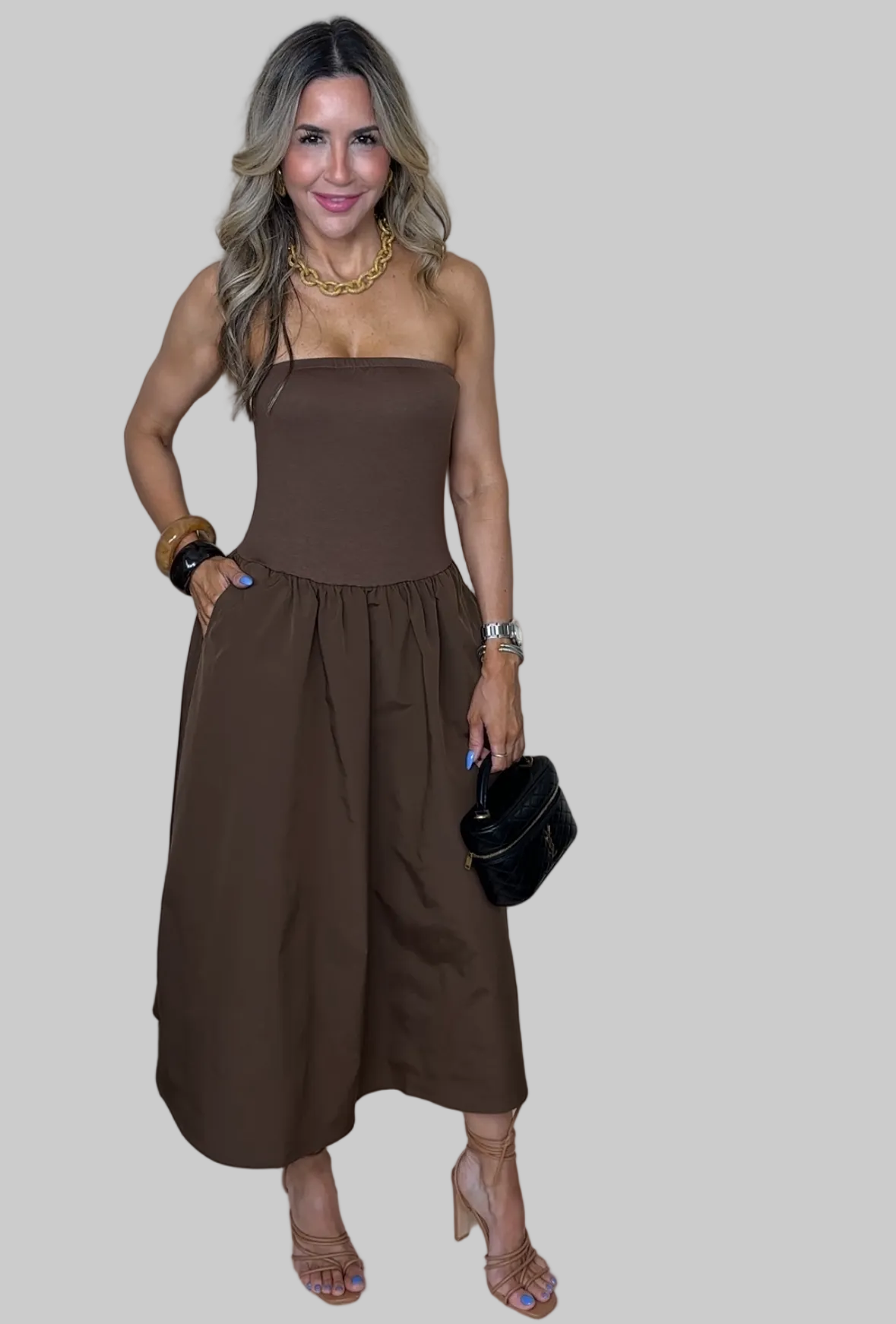 Brown Strapless Midi Dress