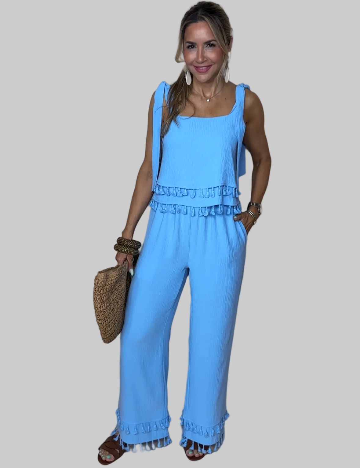 Blue Fringe Pants Set