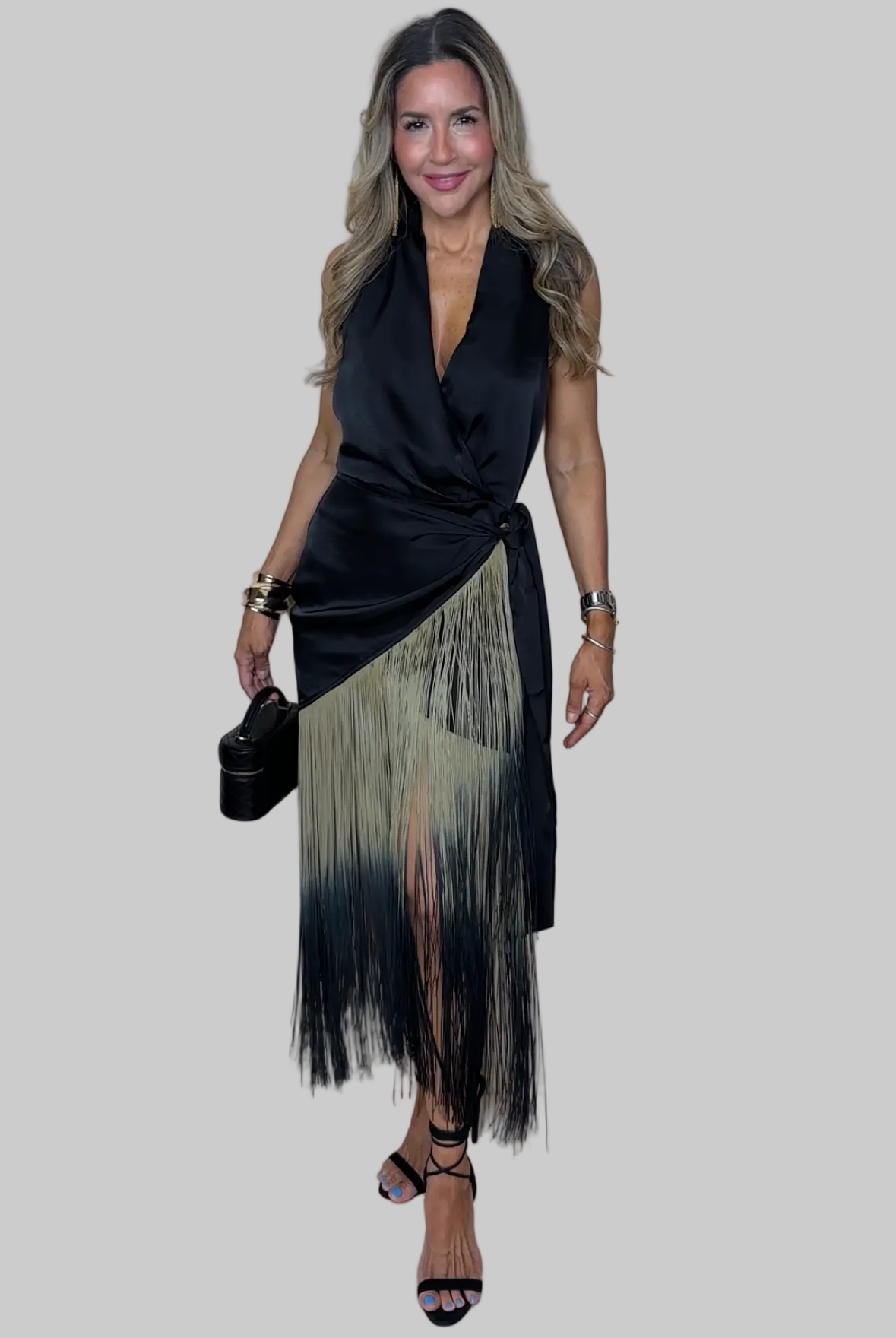 Ombre Fringe Halter Wrap Dress
