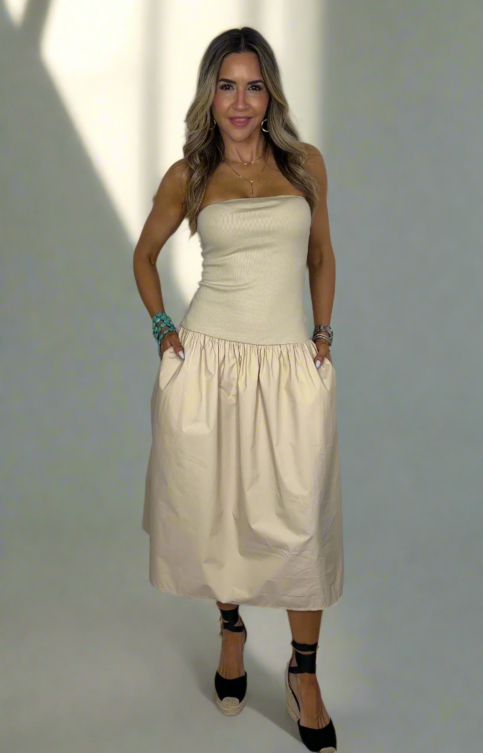 Strapless Poplin Midi Dress