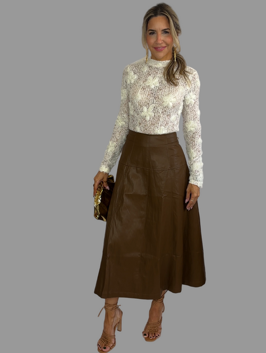 Chocolate Leather Midi Skirt
