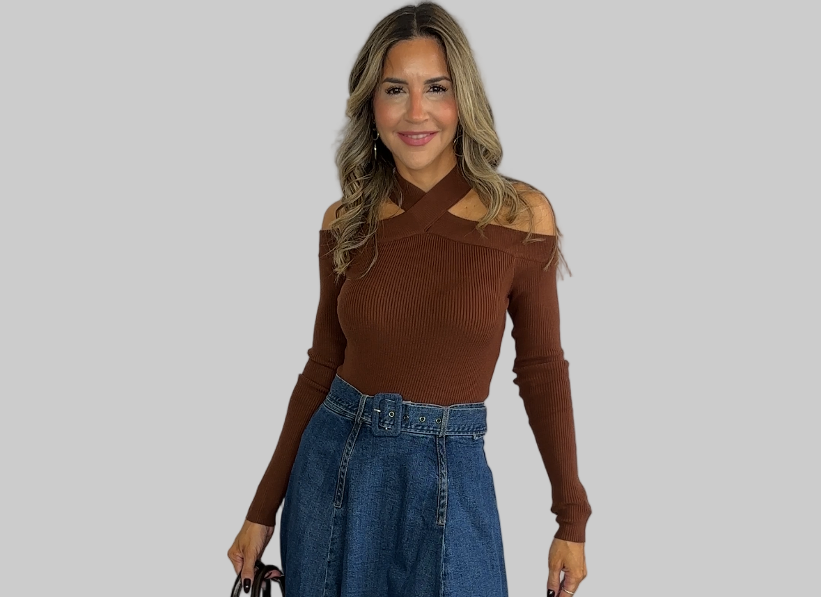 Off Shoulder Sweater Top Brown