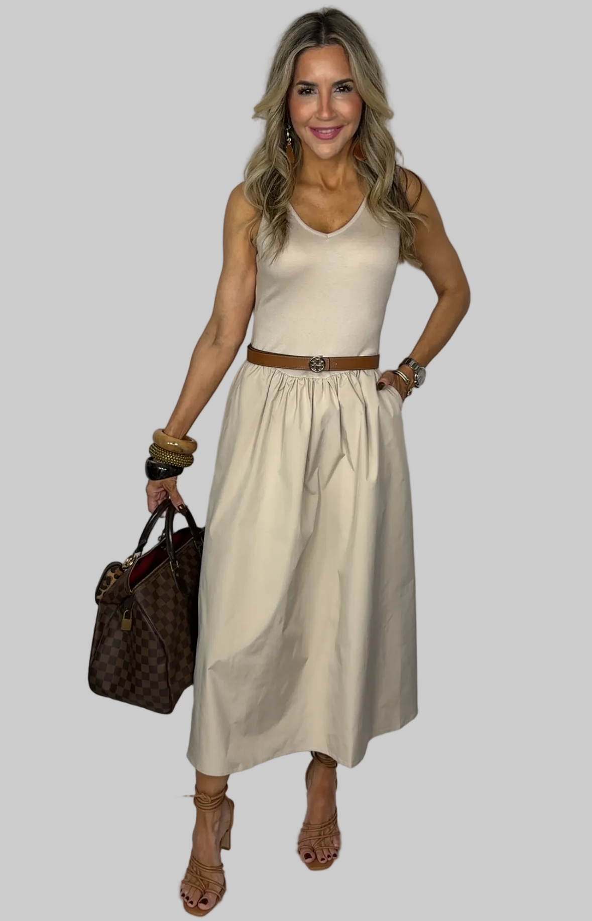 Beige Flared Midi Dress