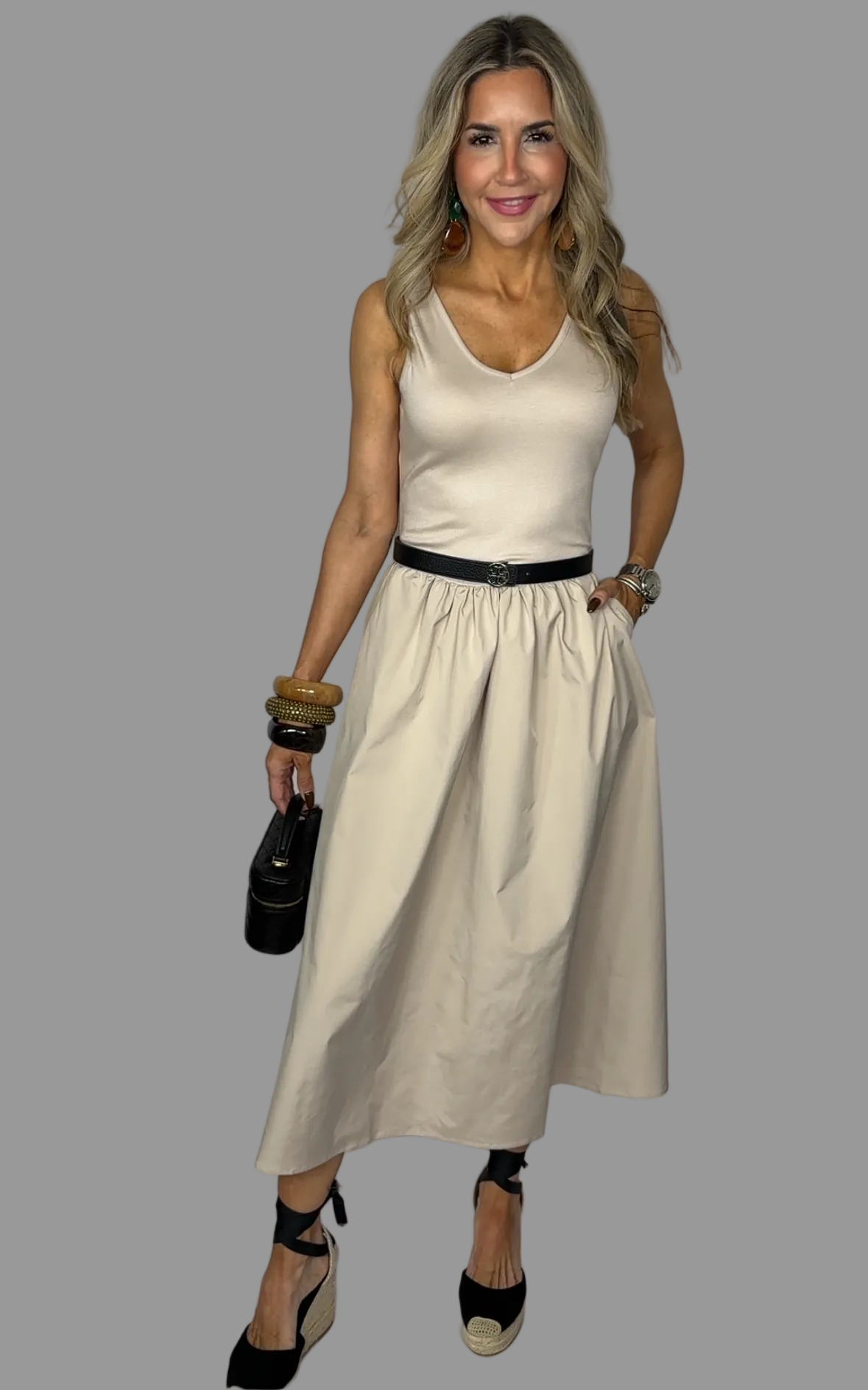 Beige Flared Midi Dress