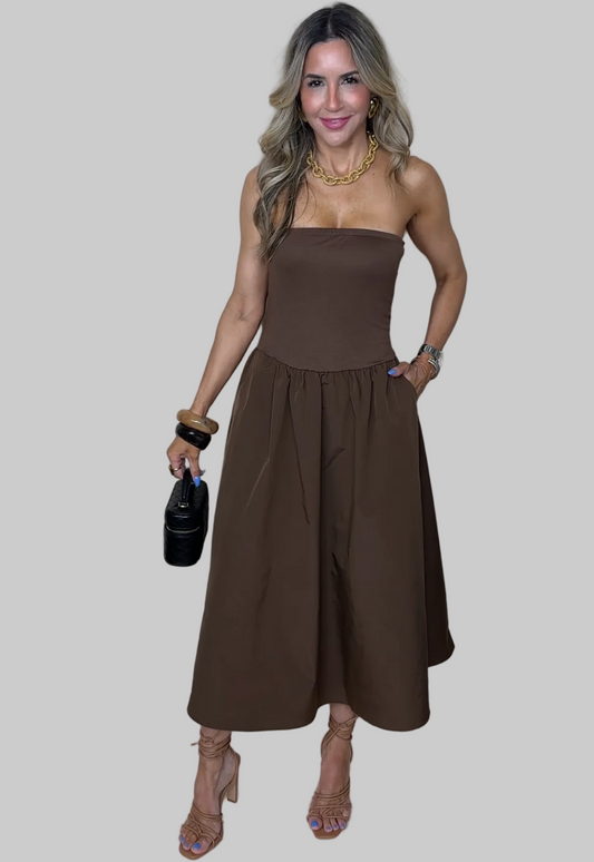 Brown Strapless Midi Dress