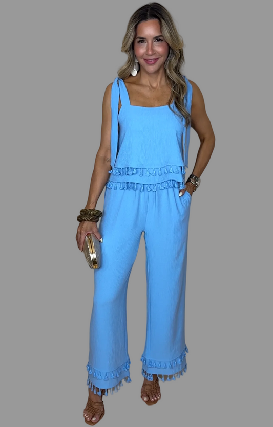 Blue Fringe Pants Set