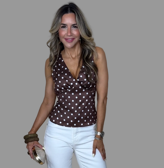 Brown Satin Polka Dots Top
