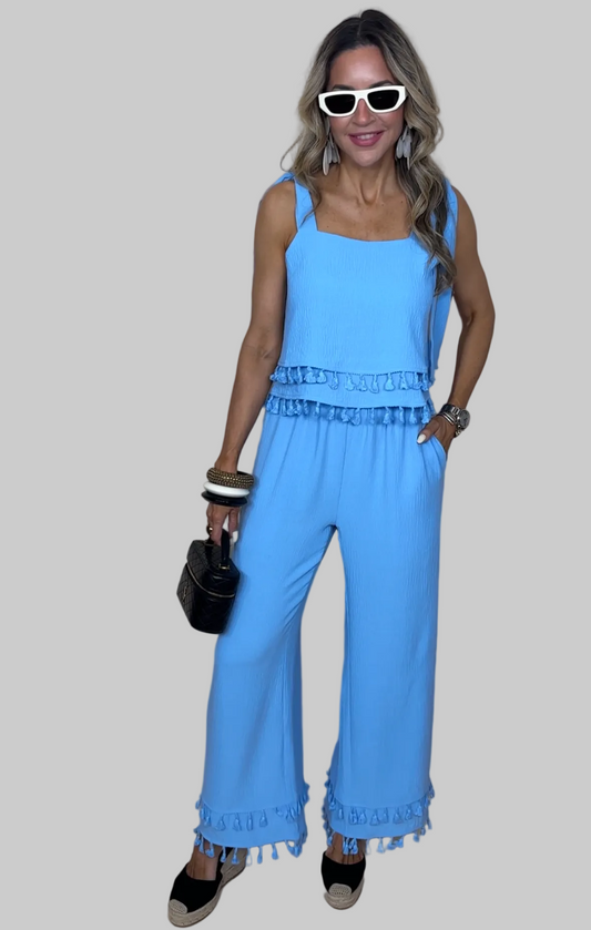 Blue Fringe Pants Set