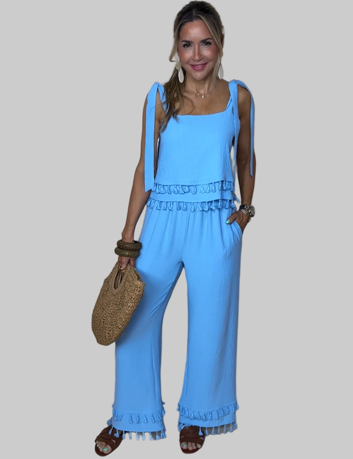 Blue Fringe Pants Set