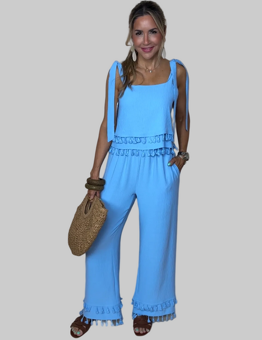 Blue Fringe Pants Set