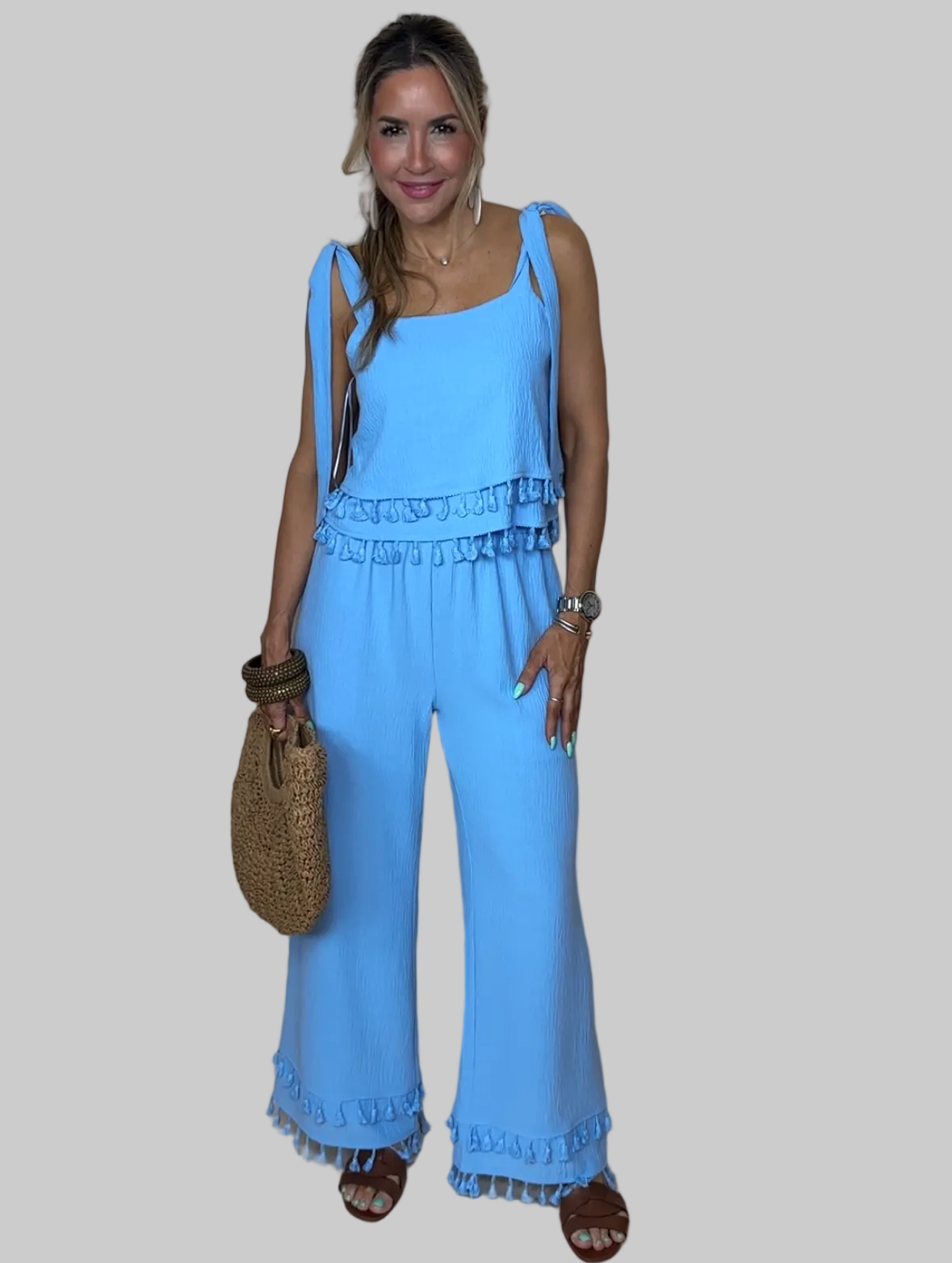 Blue Fringe Pants Set