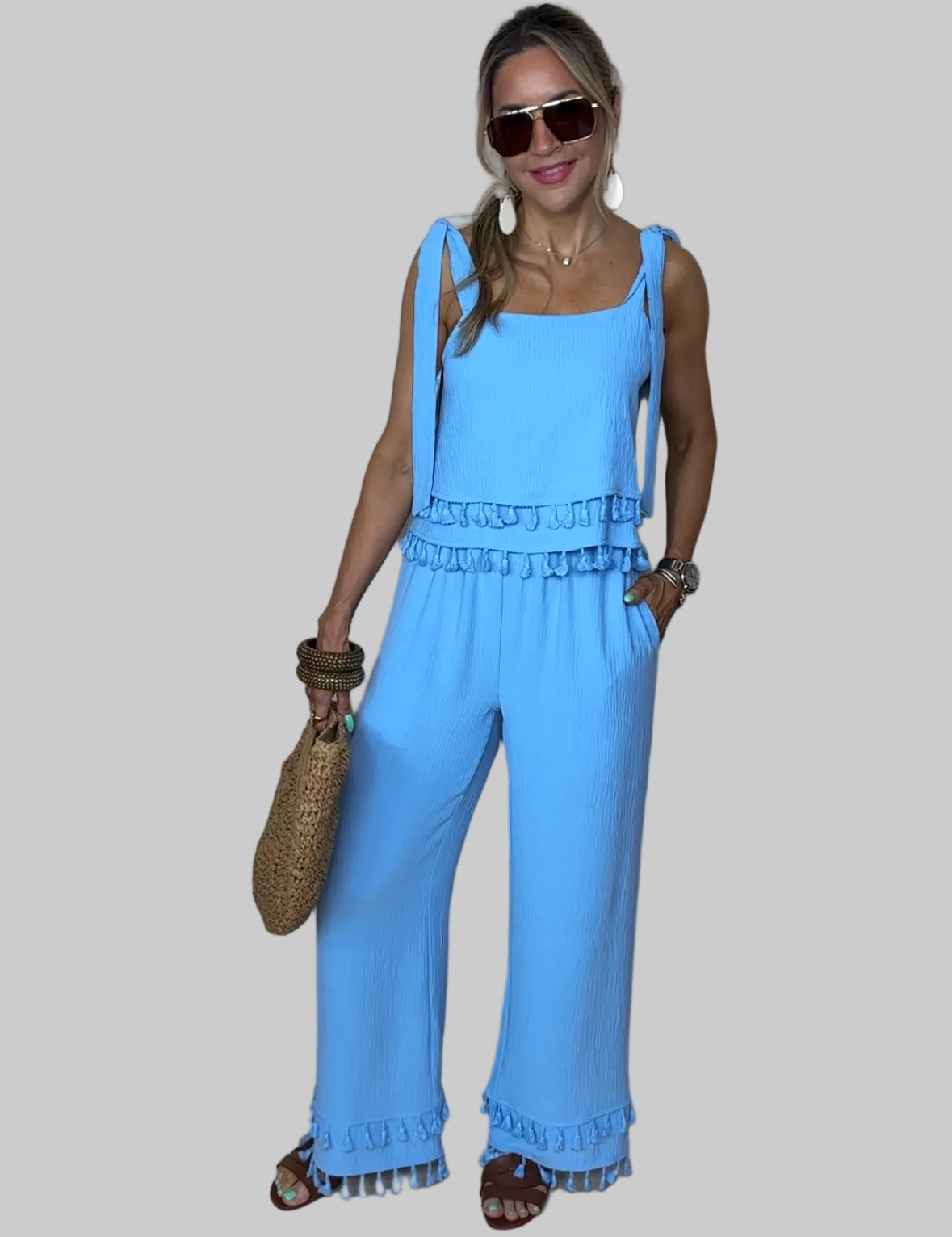 Blue Fringe Pants Set