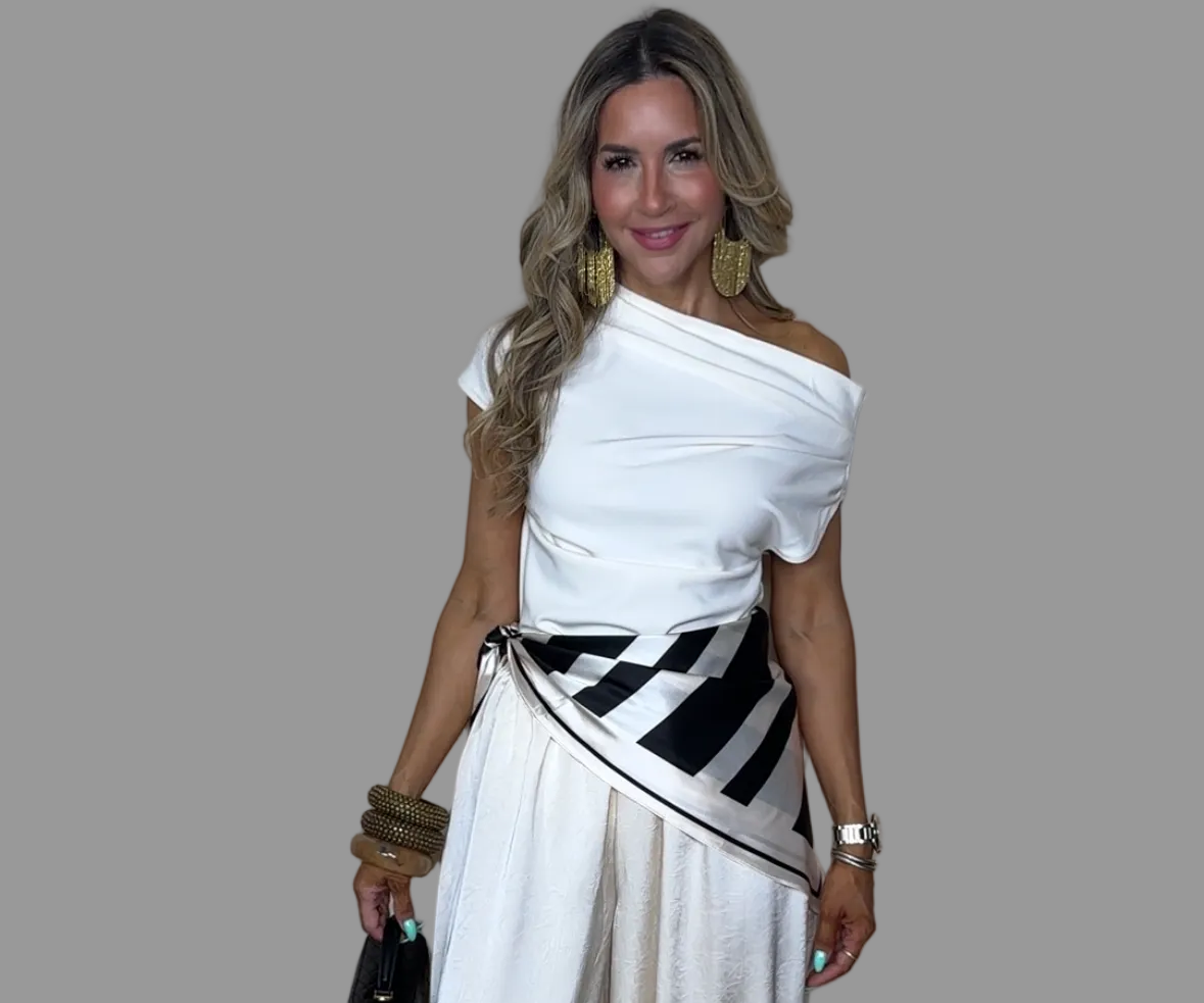 Cream Asymmetric Pleated Top