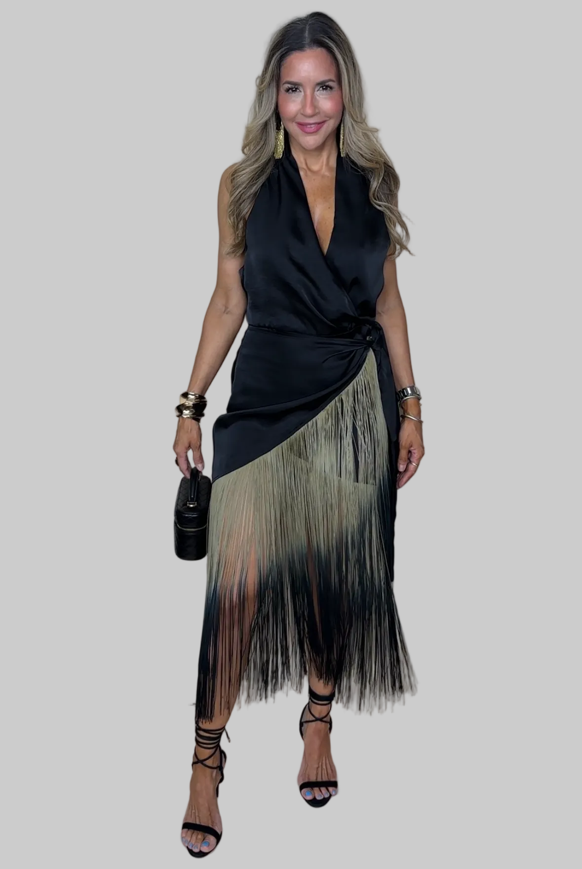 Ombre Fringe Halter Wrap Dress