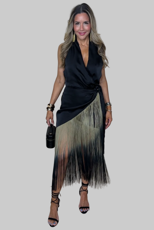 Ombre Fringe Halter Wrap Dress