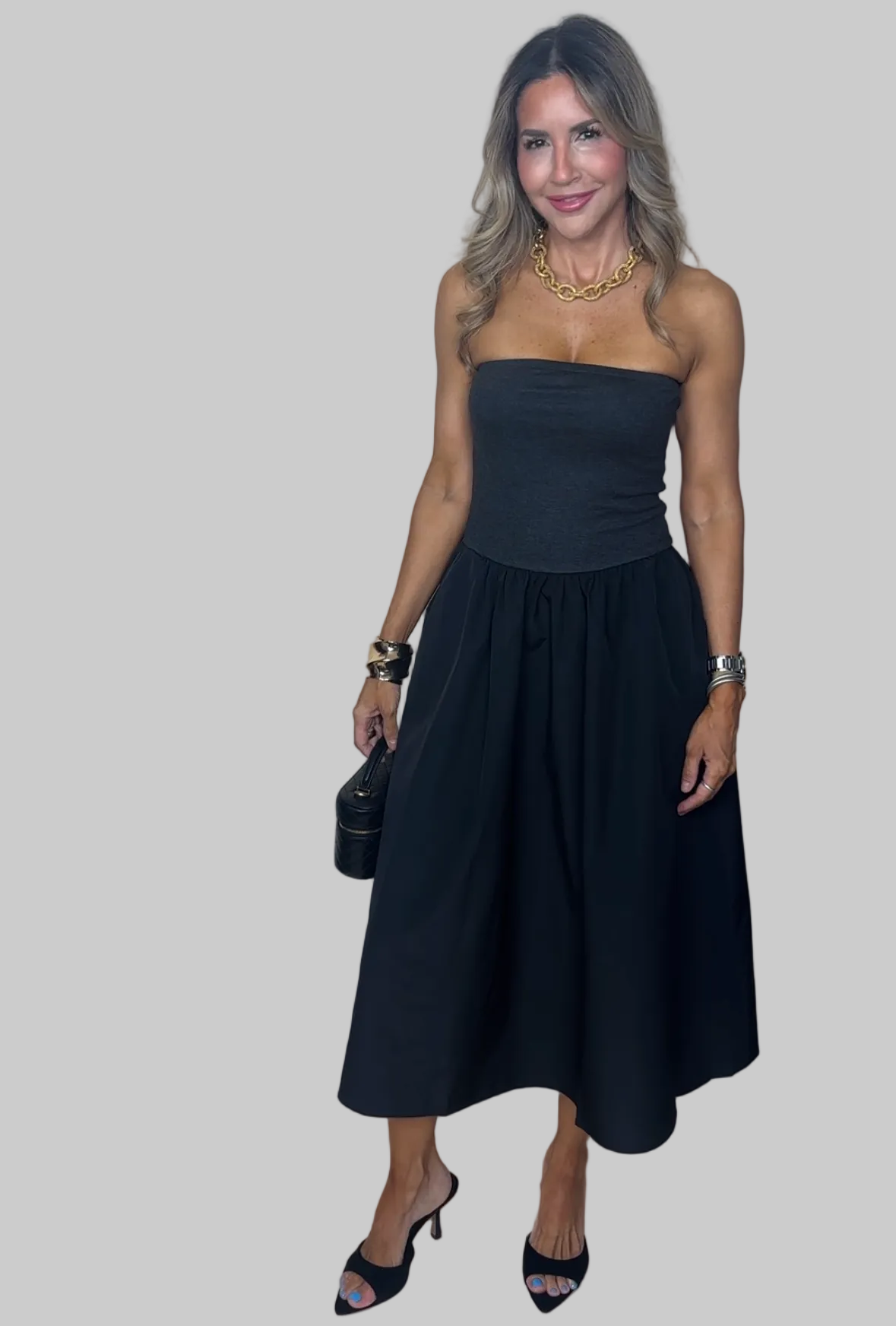 Black Strapless Midi Dress