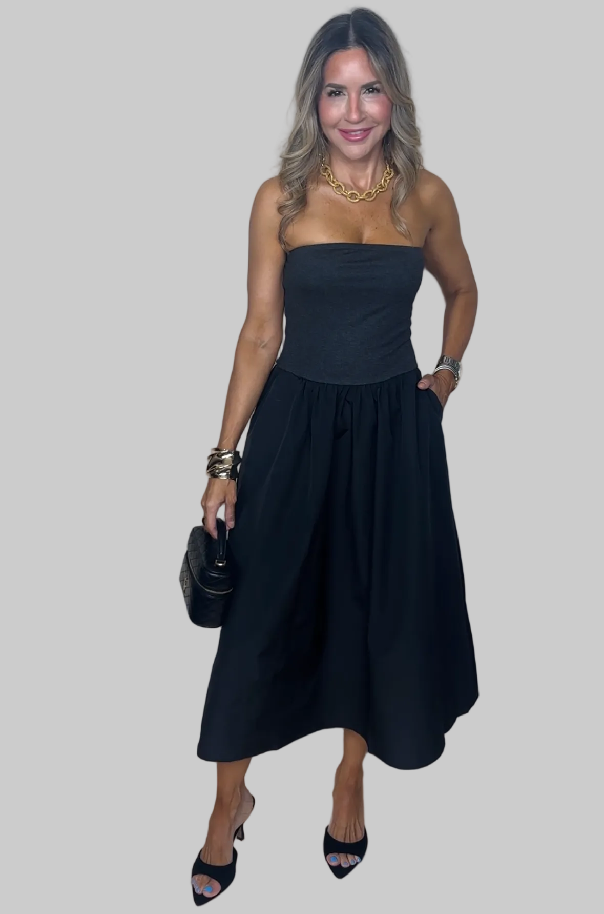 Black Strapless Midi Dress