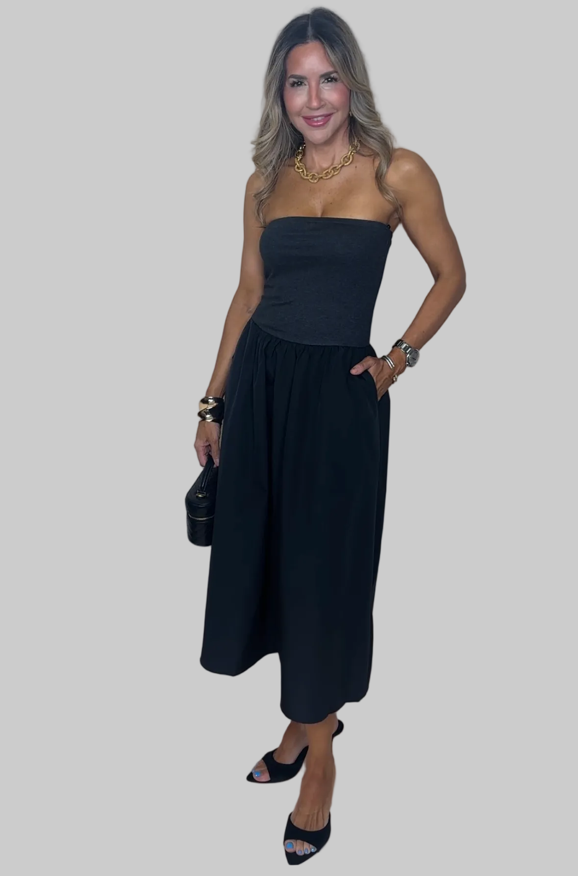 Black Strapless Midi Dress