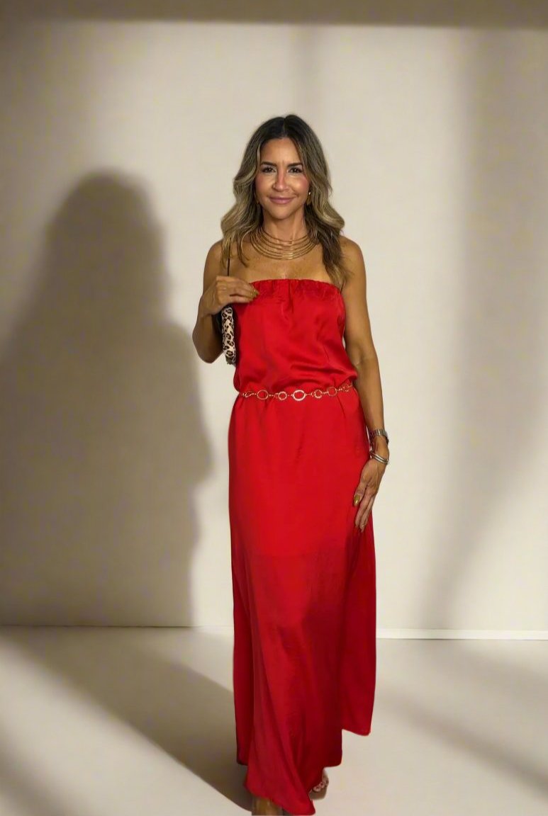 RED STRAPLESS MAXI