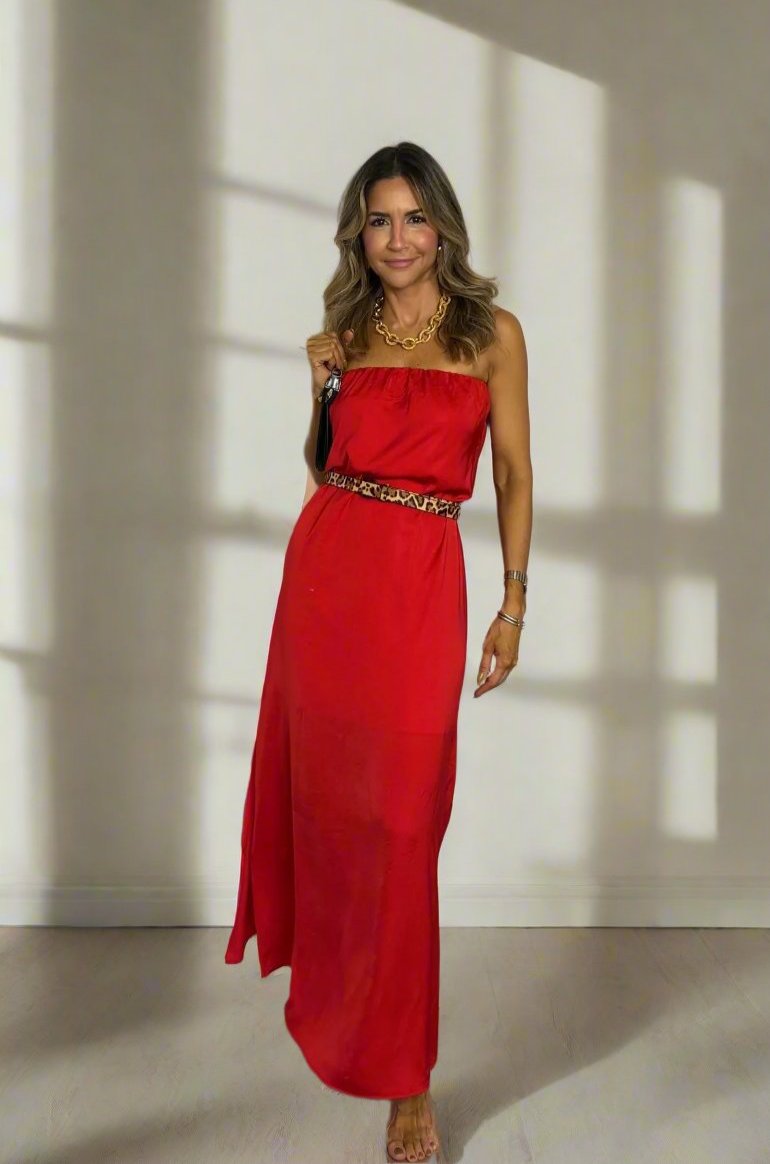 RED STRAPLESS MAXI