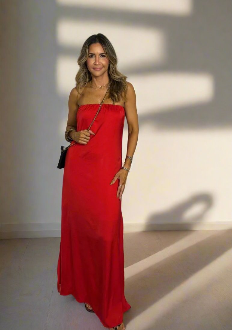 RED STRAPLESS MAXI