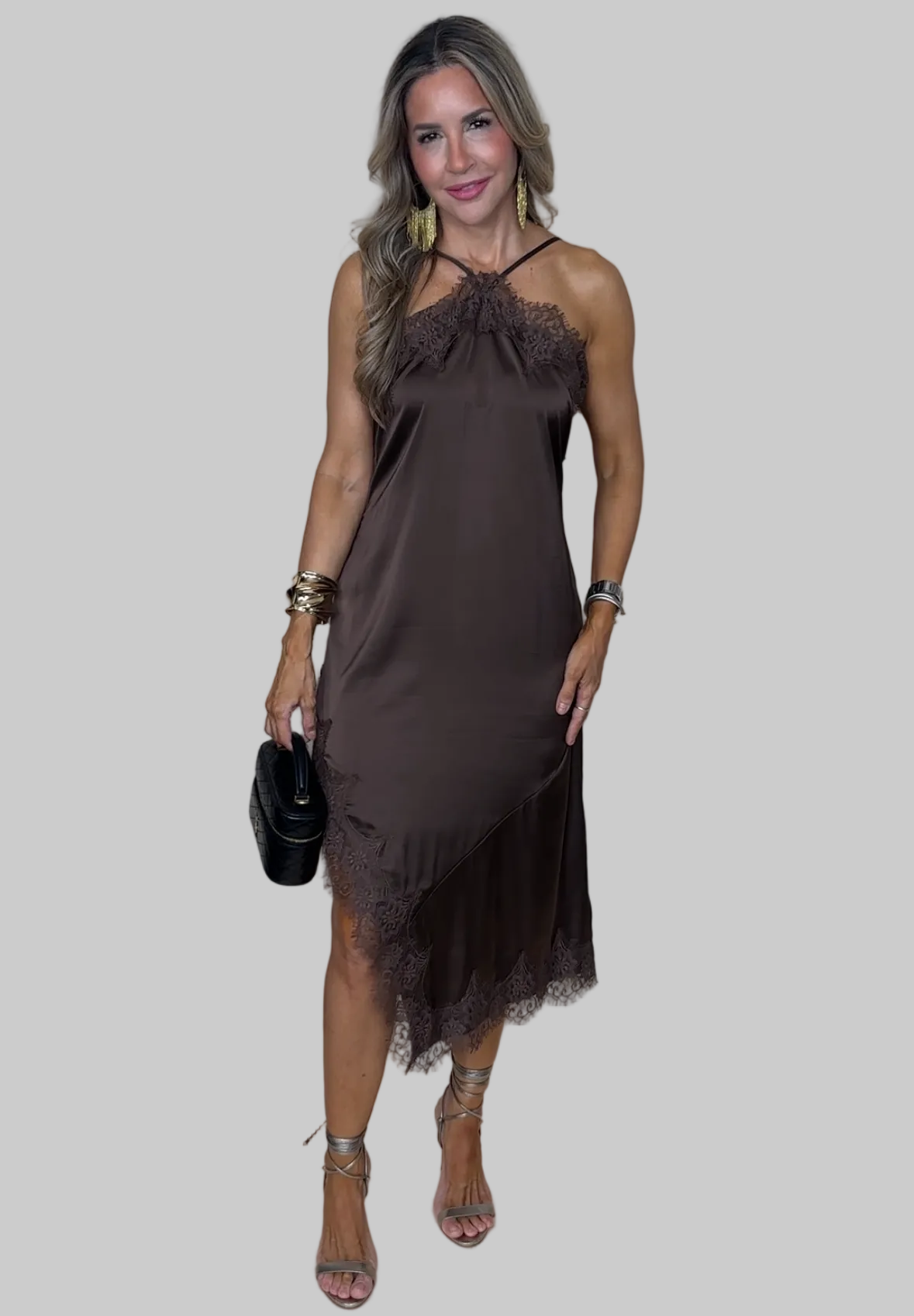 Brown Satin Midi Dress
