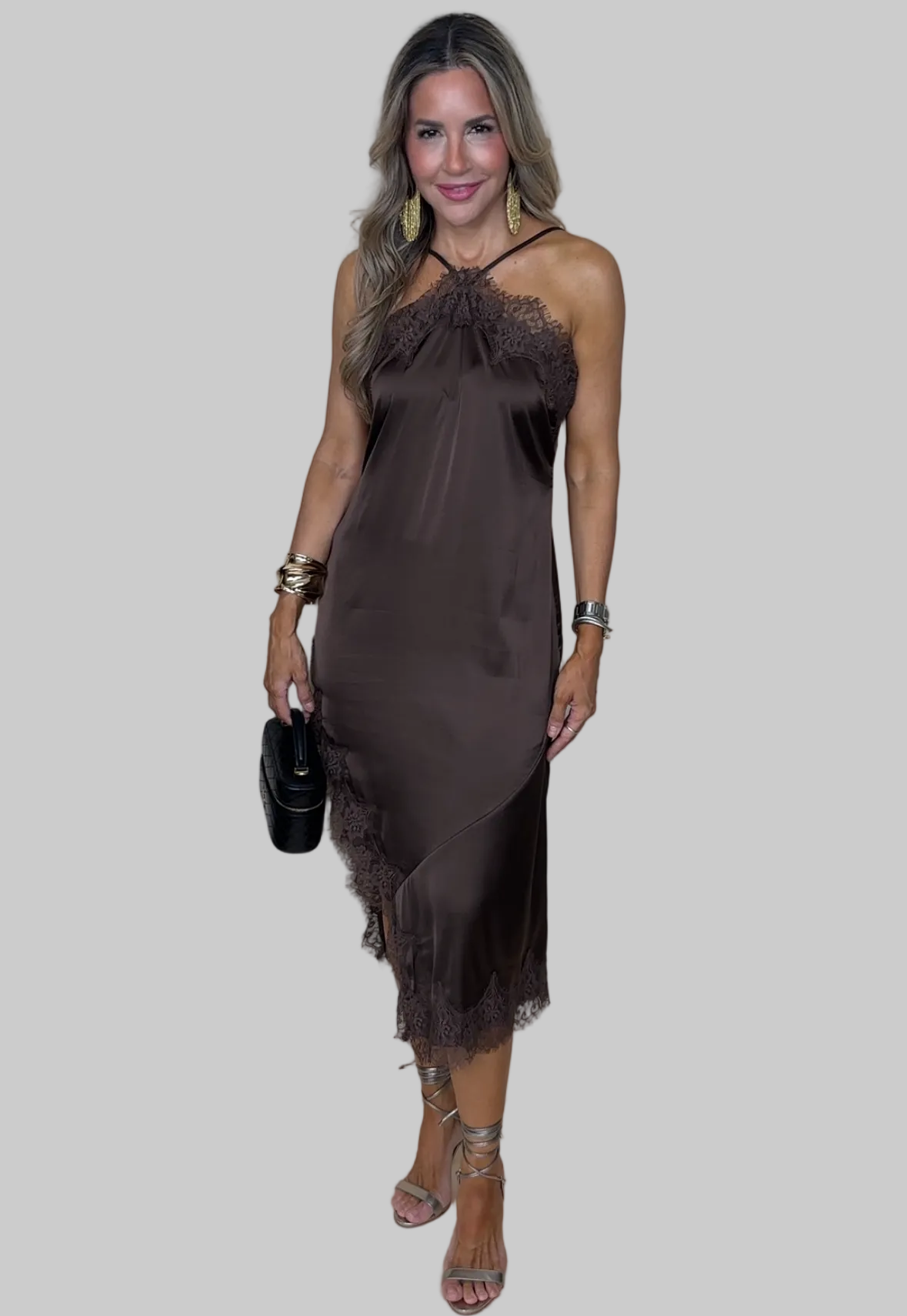 Brown Satin Midi Dress