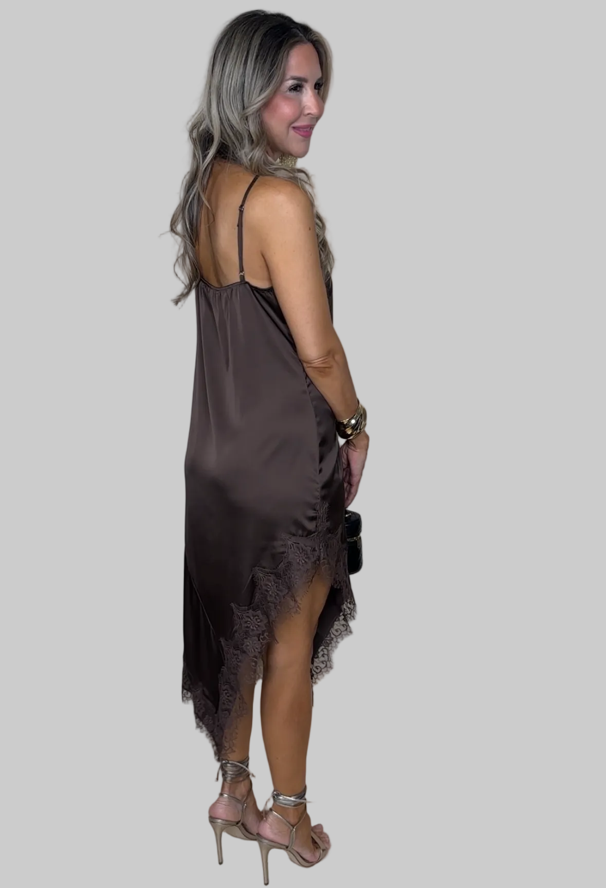 Brown Satin Midi Dress