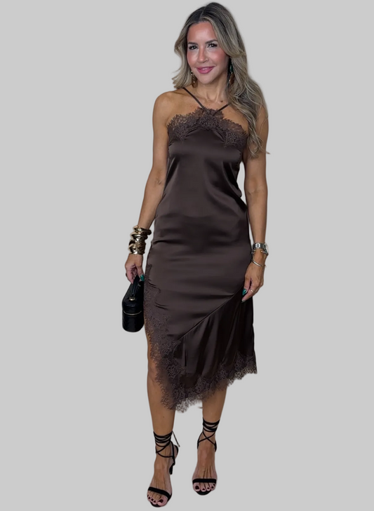 Brown Satin Midi Dress