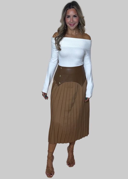 Leather Detail Pleated Midi Skirt