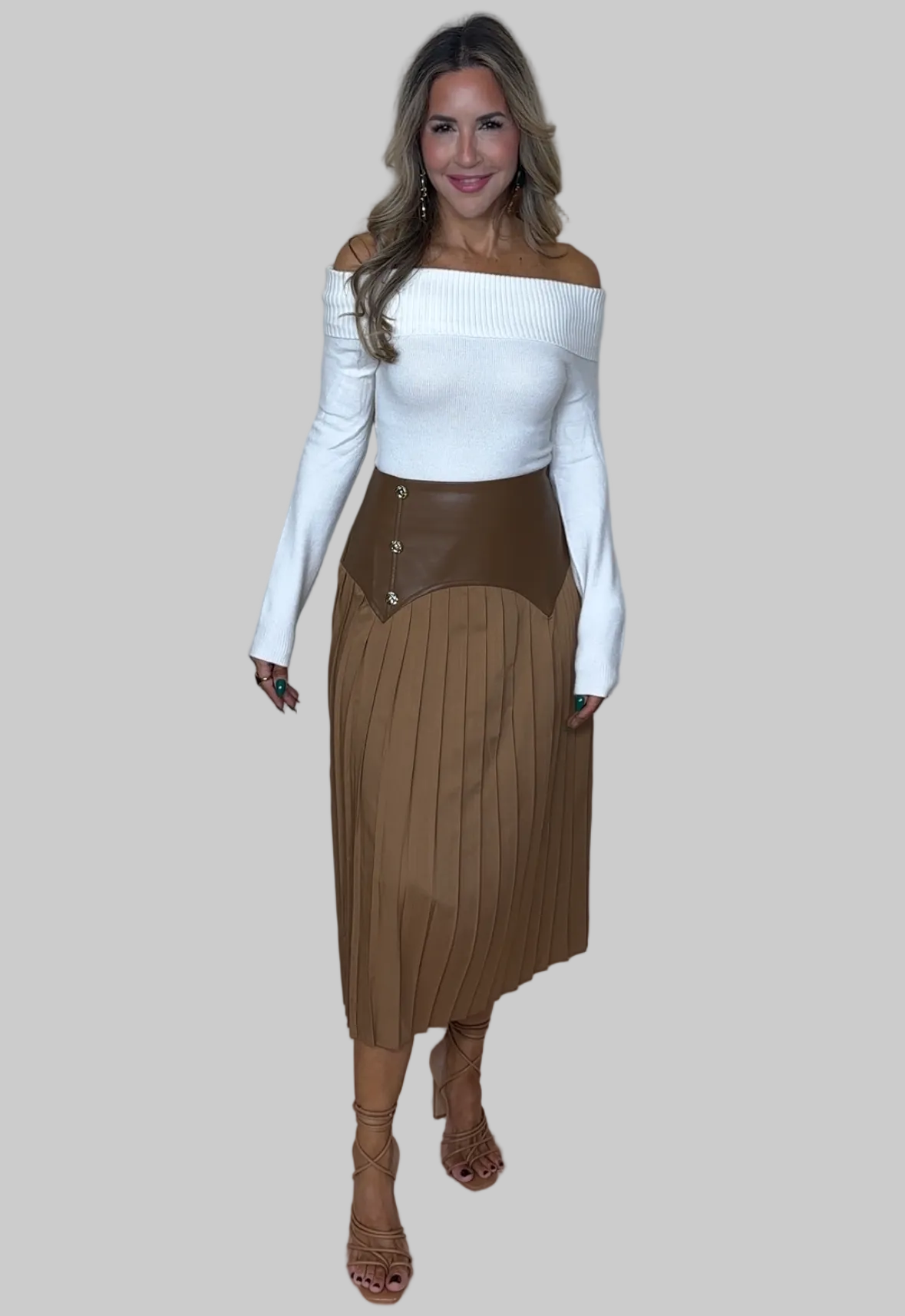 Leather Detail Pleated Midi Skirt