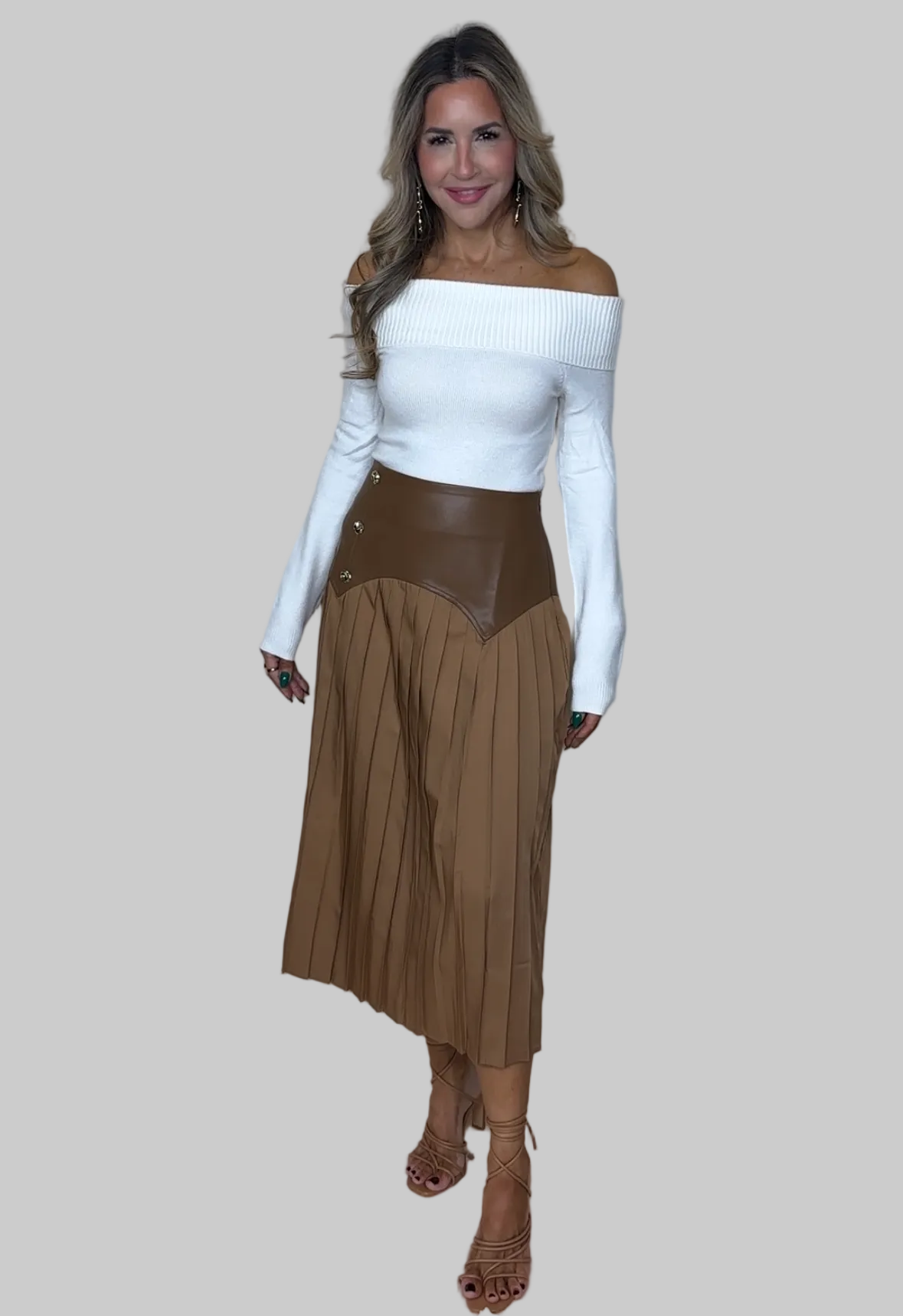 Leather Detail Pleated Midi Skirt