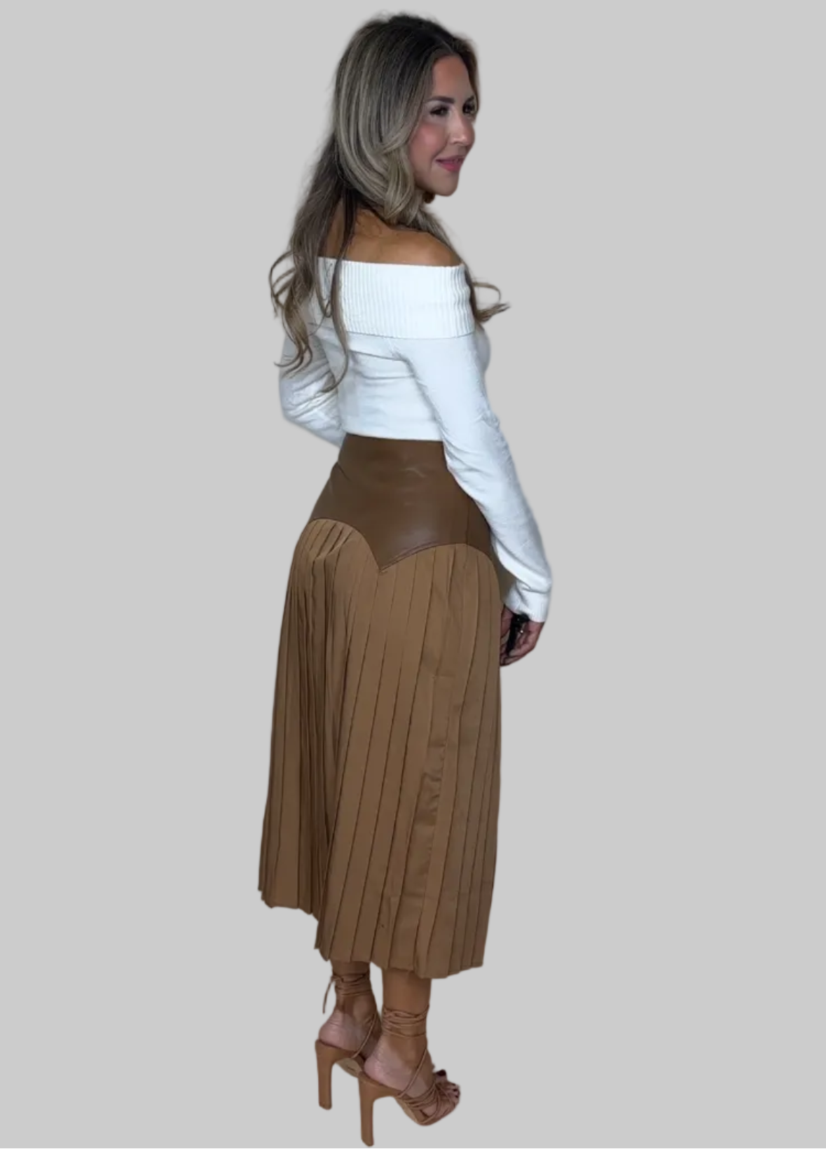 Leather Detail Pleated Midi Skirt