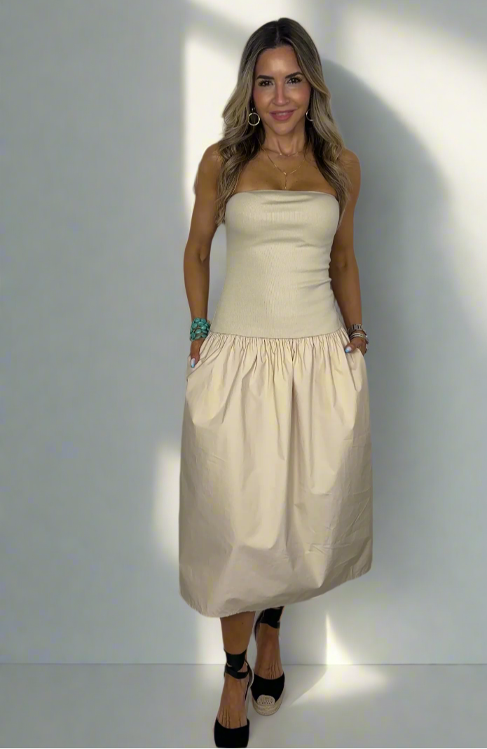 Strapless Poplin Midi Dress