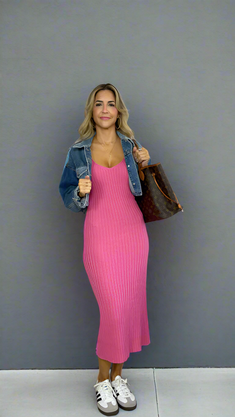 TRAJE MIDI ROSA /PINK RIB KNIT MIDI DRESS